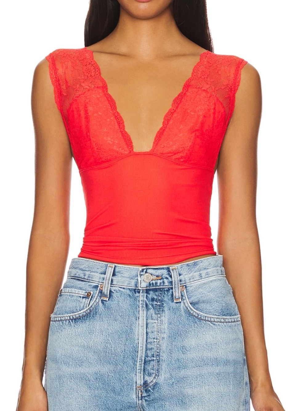 Free People power Play Lace-Trim Camisole Tank Top in poppy red Size Small